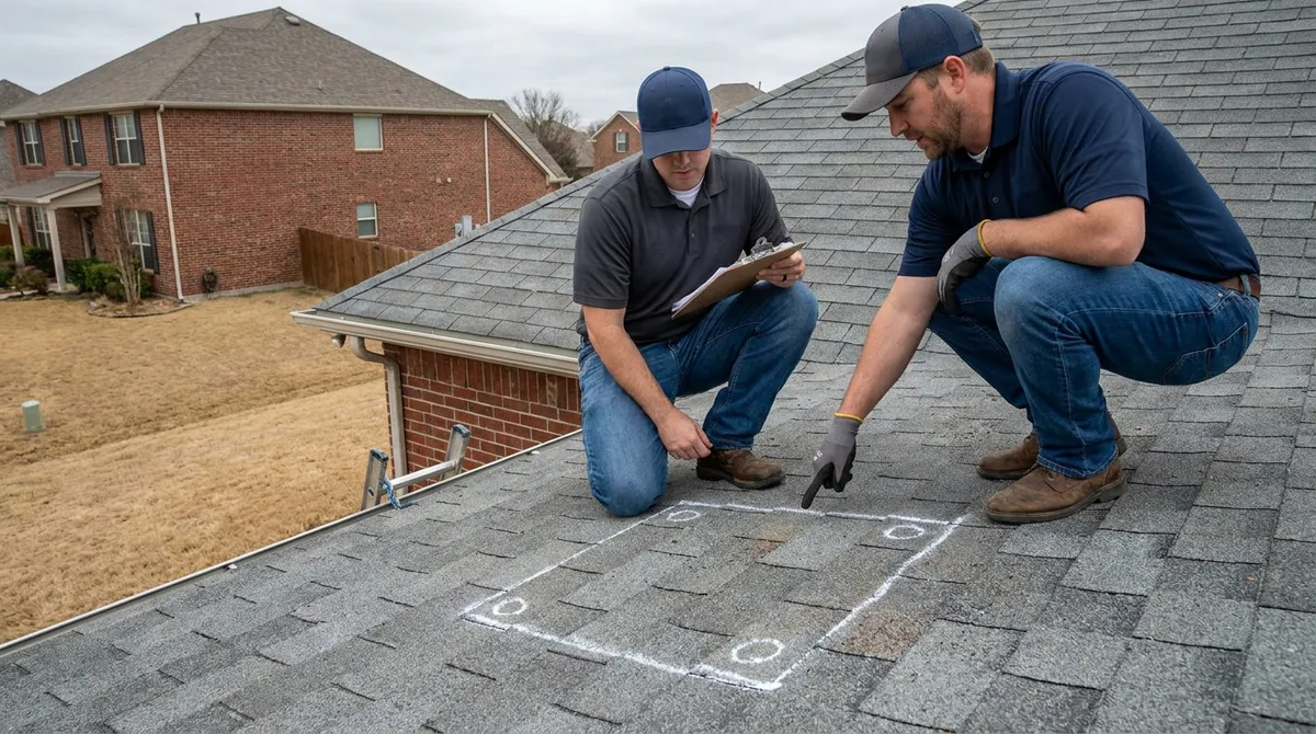 Insurance adjuster and Roof Raiders inspector documenting hail damage on a McKinney, TX shingle roof during a claim inspection