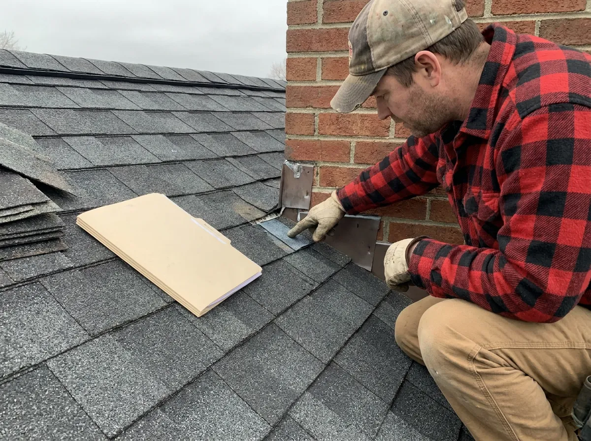 A roofing crew documenting decking replacement and new step flashing for an insurance supplement on a North Texas home