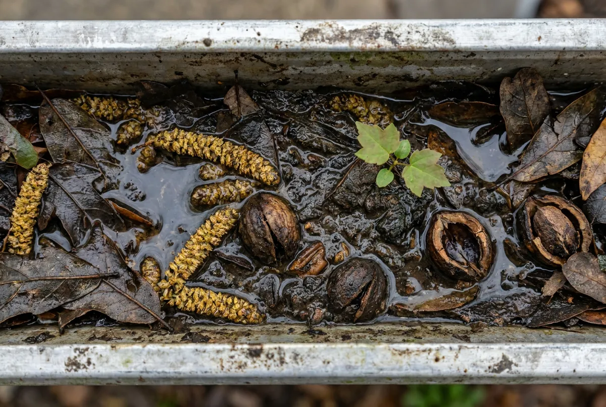 Open gutter packed with wet live oak leaves, yellow catkins, pecan husks, and silt with a maple seedling sprouting from the debris