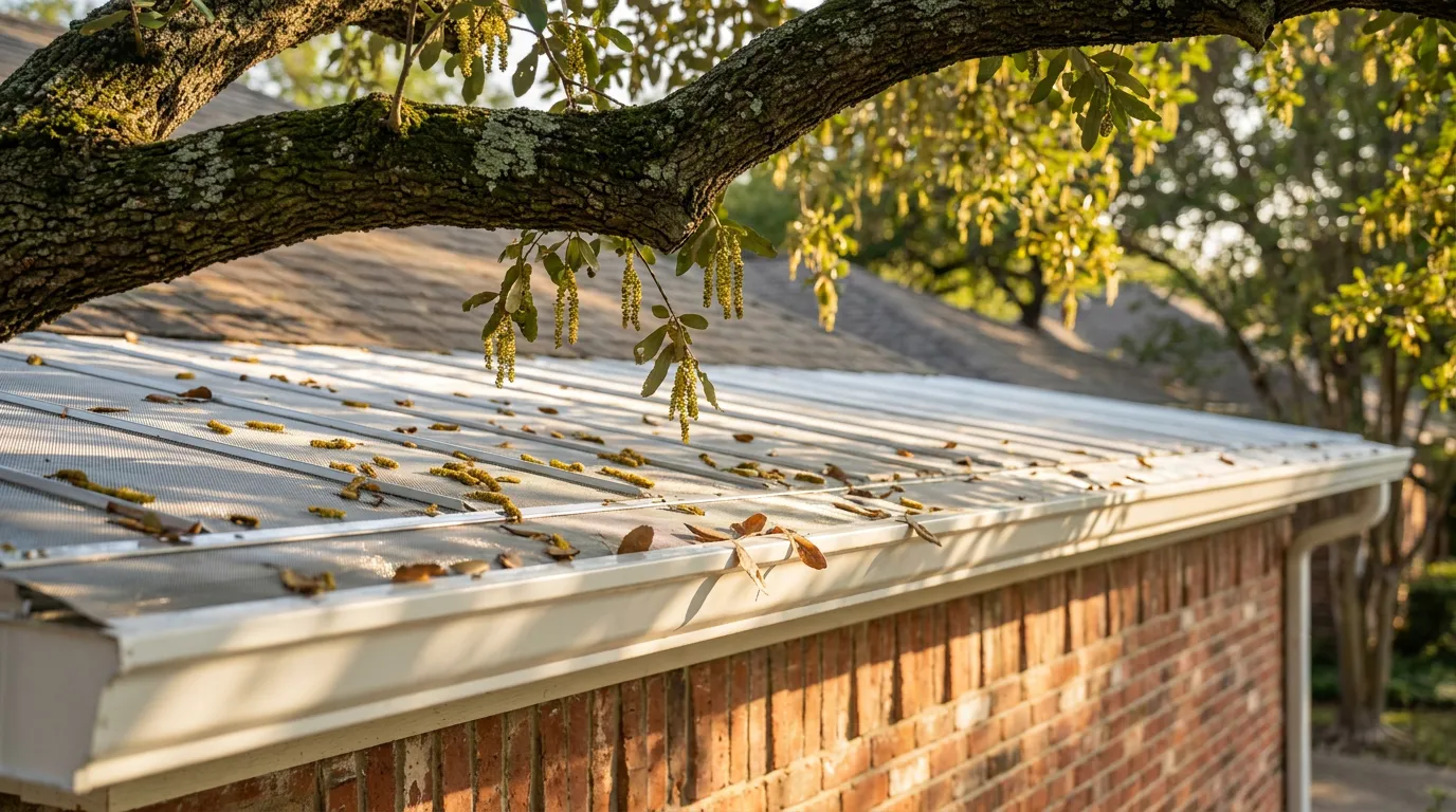 Stainless micro-mesh gutter guard on a white seamless gutter of a Dallas brick home with a live oak branch dropping catkins onto the mesh