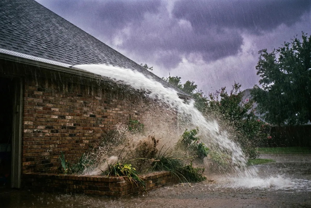 Heavy rain sheeting off a steep shingle roof and shooting past a solid reverse-curve gutter guard onto the brick wall below