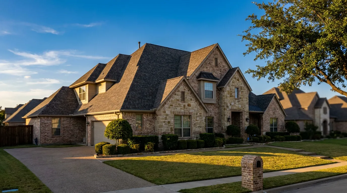 Completed Weathered Wood architectural shingle roof with deep shadow lines on a custom two-story brick home in Frisco near Dallas