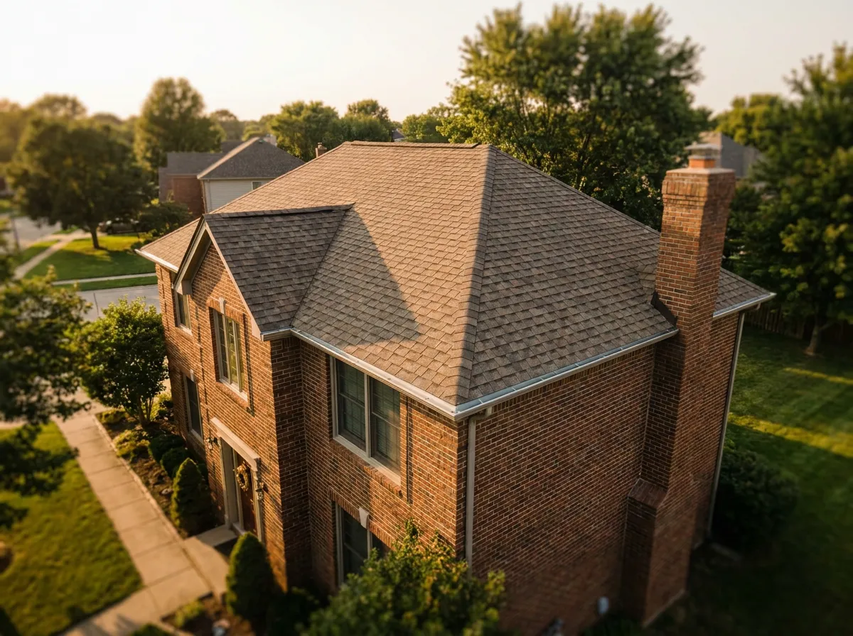 Landmark Pro Weathered Wood architectural shingle roof on a two-story North Texas brick home