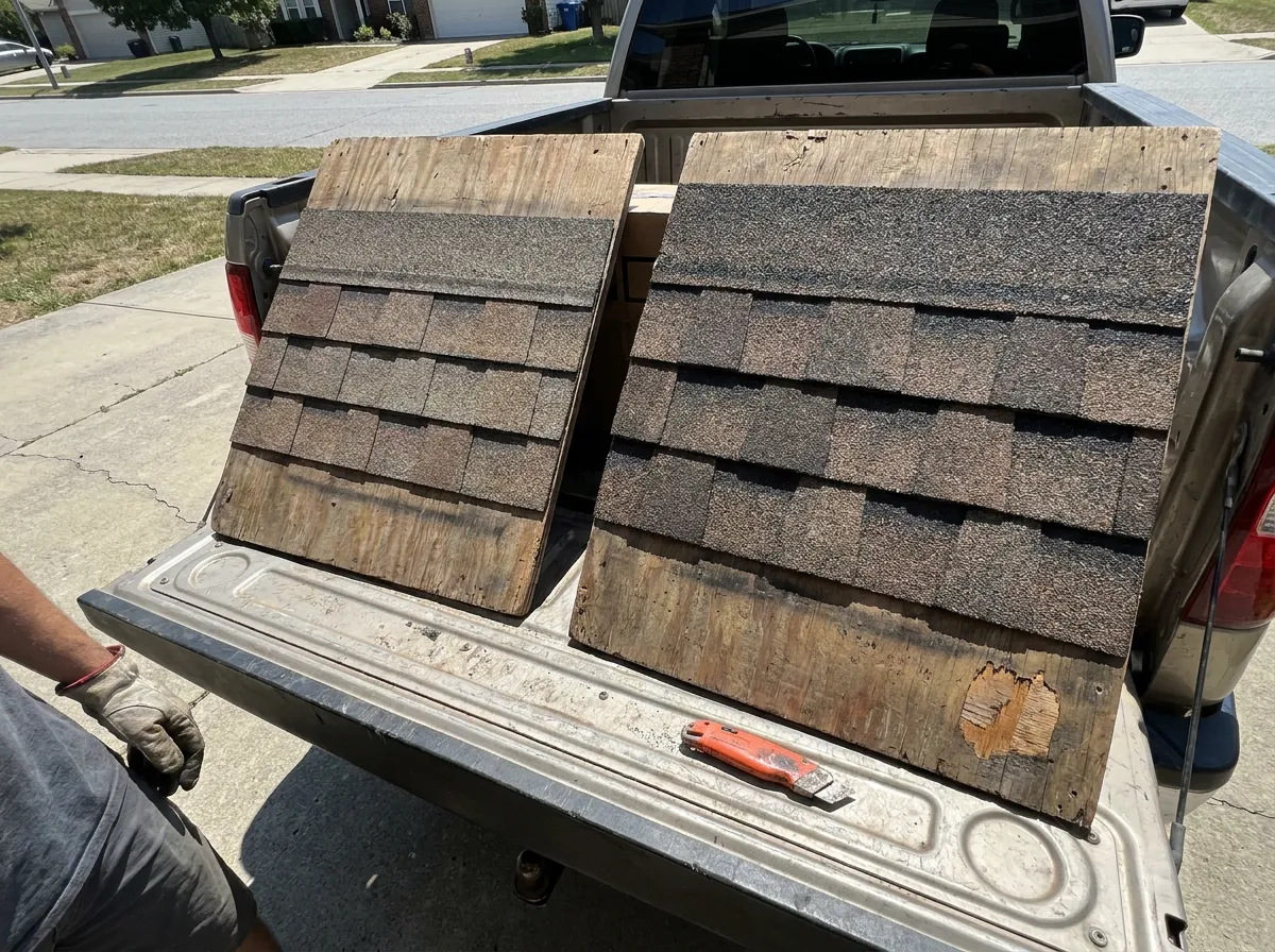 CertainTeed Landmark and Landmark Pro asphalt shingle sample boards side by side on a driveway