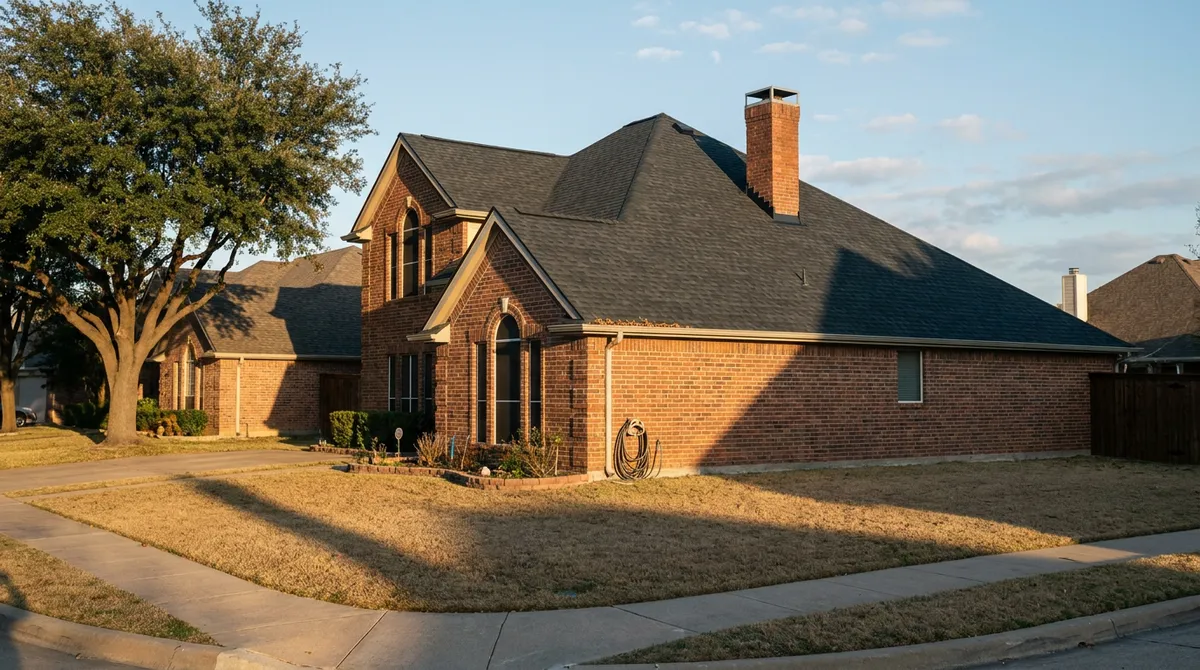 Completed Class 4 impact-resistant shingle roof on a two-story brick home in Plano, TX, glinting after a hailstorm at golden hour