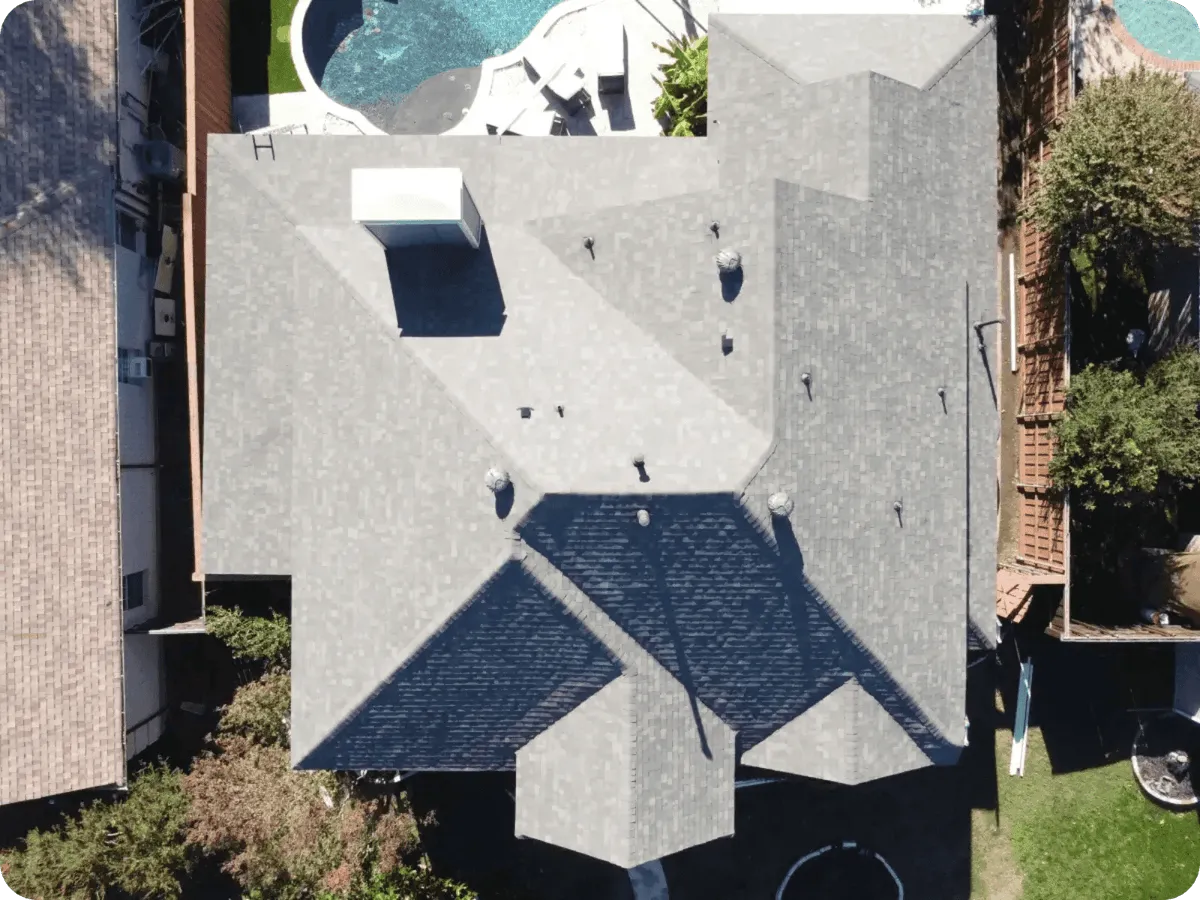 Drone view of a completed Class 4 shingle roof