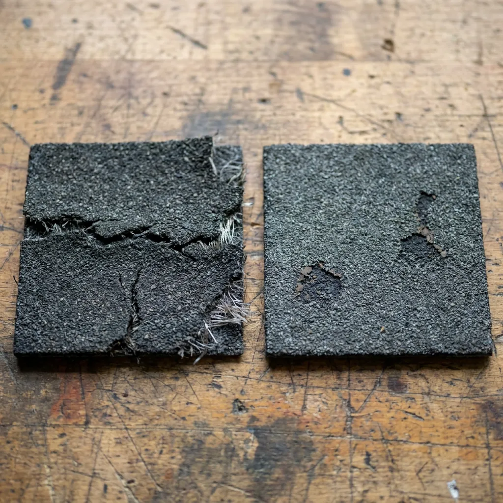 Side-by-side test cuts of a Class 3 asphalt shingle with mat fractures next to a Class 4 impact shingle showing only granule loss
