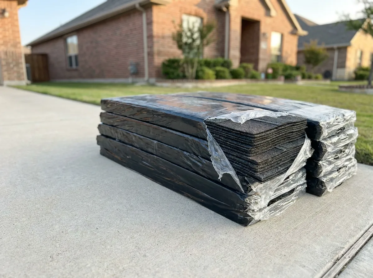Bundles of Malarkey Vista AR polymer-modified Class 4 impact shingles staged on a residential driveway before install