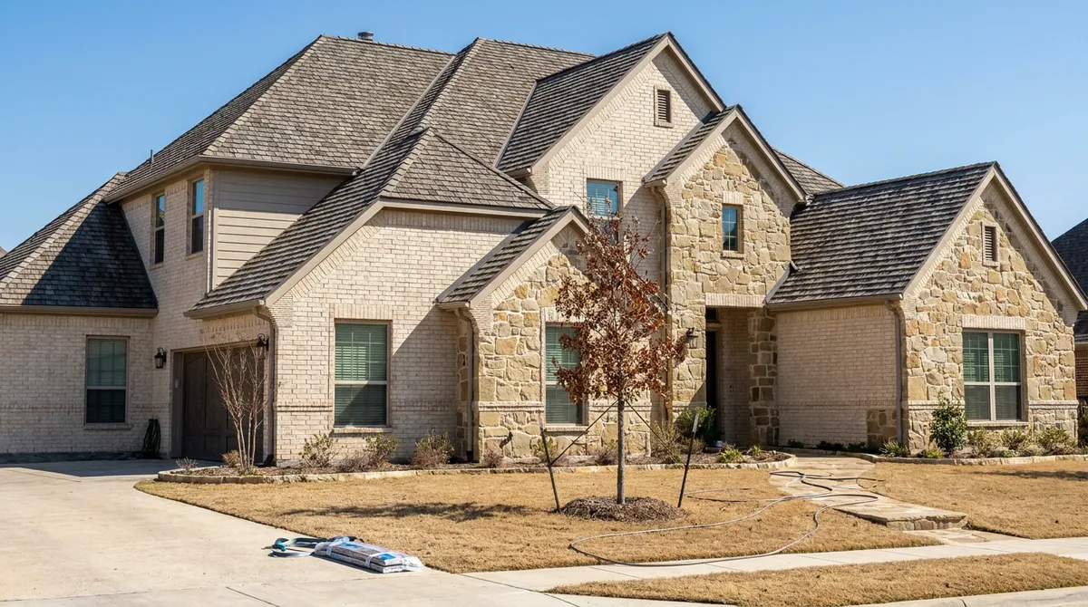 Freshly completed weathered-wood architectural shingle roof on a two-story tan-brick Frisco TX home in an HOA subdivision at golden hour
