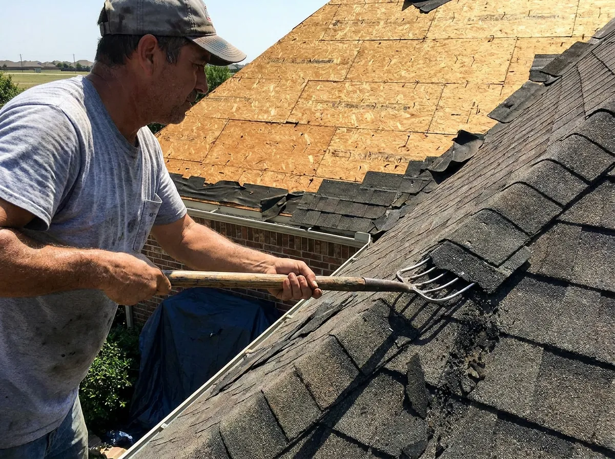 Asphalt shingle roof tear-off in progress on a two-story North Texas brick home, with old 3-tab shingles being replaced by architectural shingles