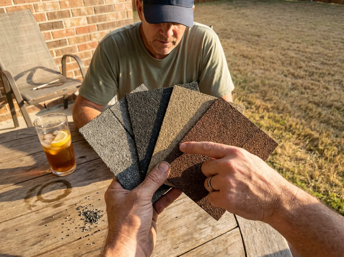 Architectural asphalt shingle color samples on a sample board, including weathered wood, driftwood, and pewter gray tones for an HOA submission