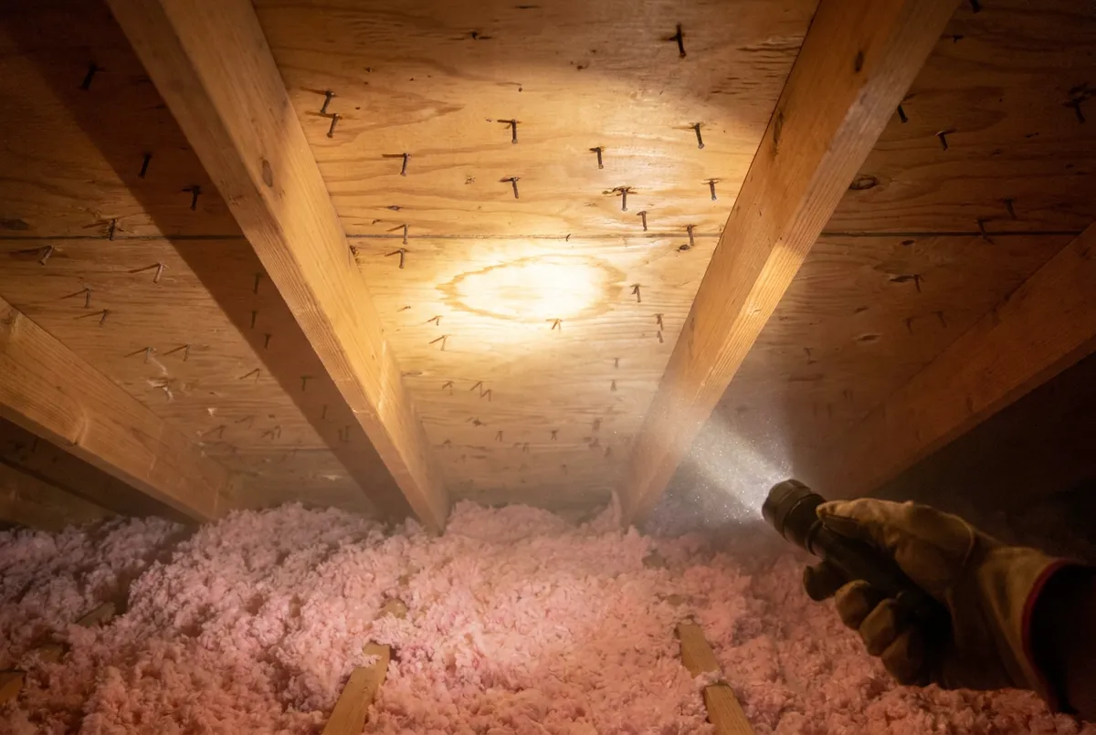 Flashlight beam lighting the underside of plywood roof decking in a hot Texas attic with a faint water stain ring on one panel