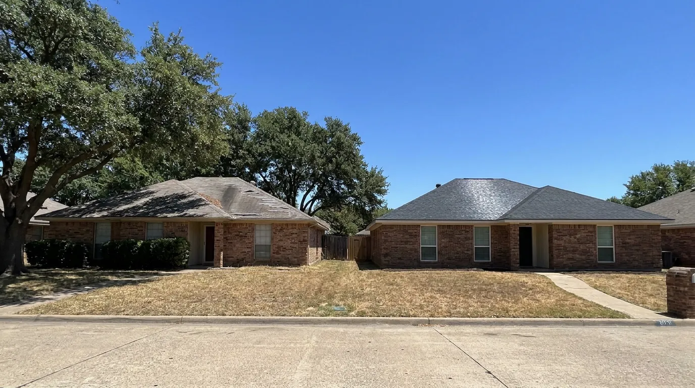 Two neighboring North Texas brick homes, one with faded curling 3-tab shingles and one with a new charcoal architectural shingle roof
