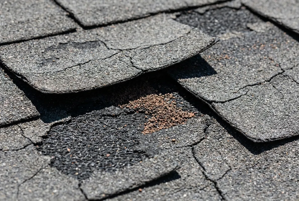 Extreme close-up of weathered asphalt shingles curling at the edges with bald patches of exposed black fiberglass mat