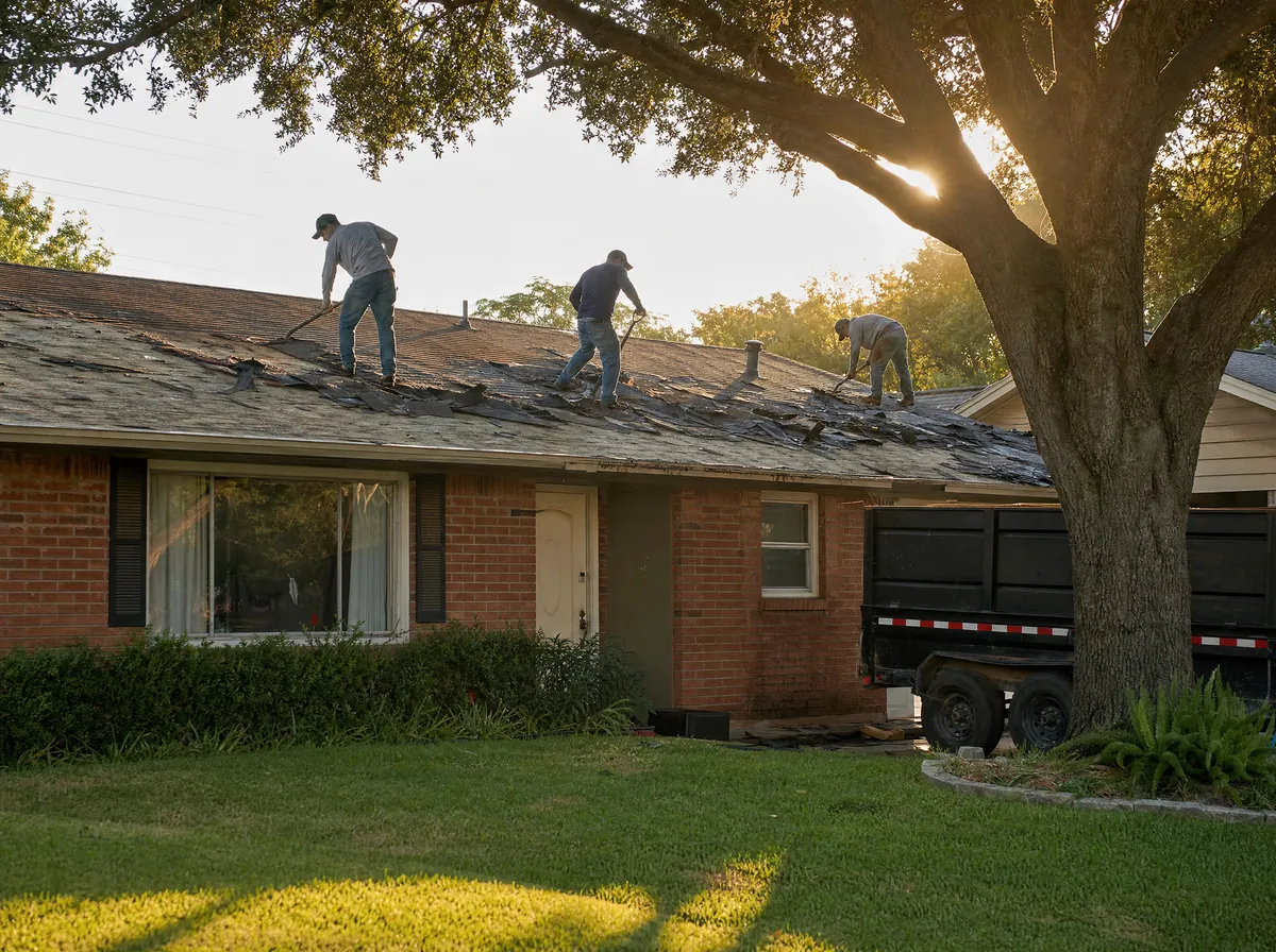 Roofing crew starting a 7 a.m. tear-off on a single-story brick home in Plano, TX