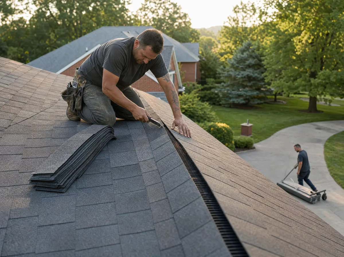 Roofer cutting in ridge vent while a crew member runs a magnetic sweeper in the driveway below