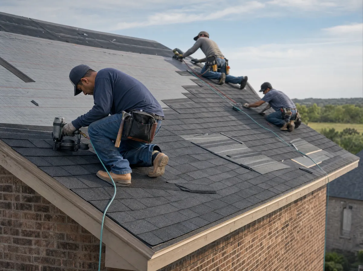 Roofing crew installing architectural shingles on a two-story North Texas brick home