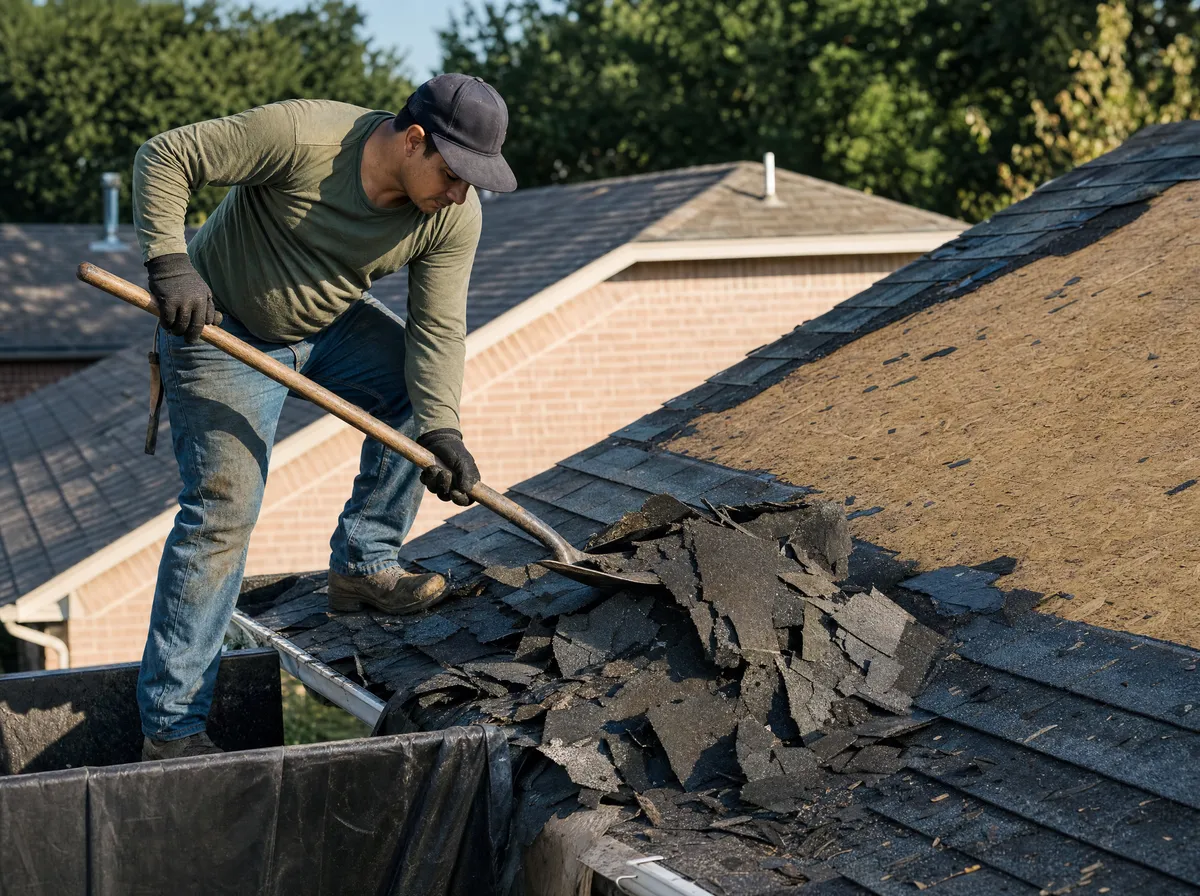 Roofer tearing off old shingles with bare decking exposed behind him on a North Texas home