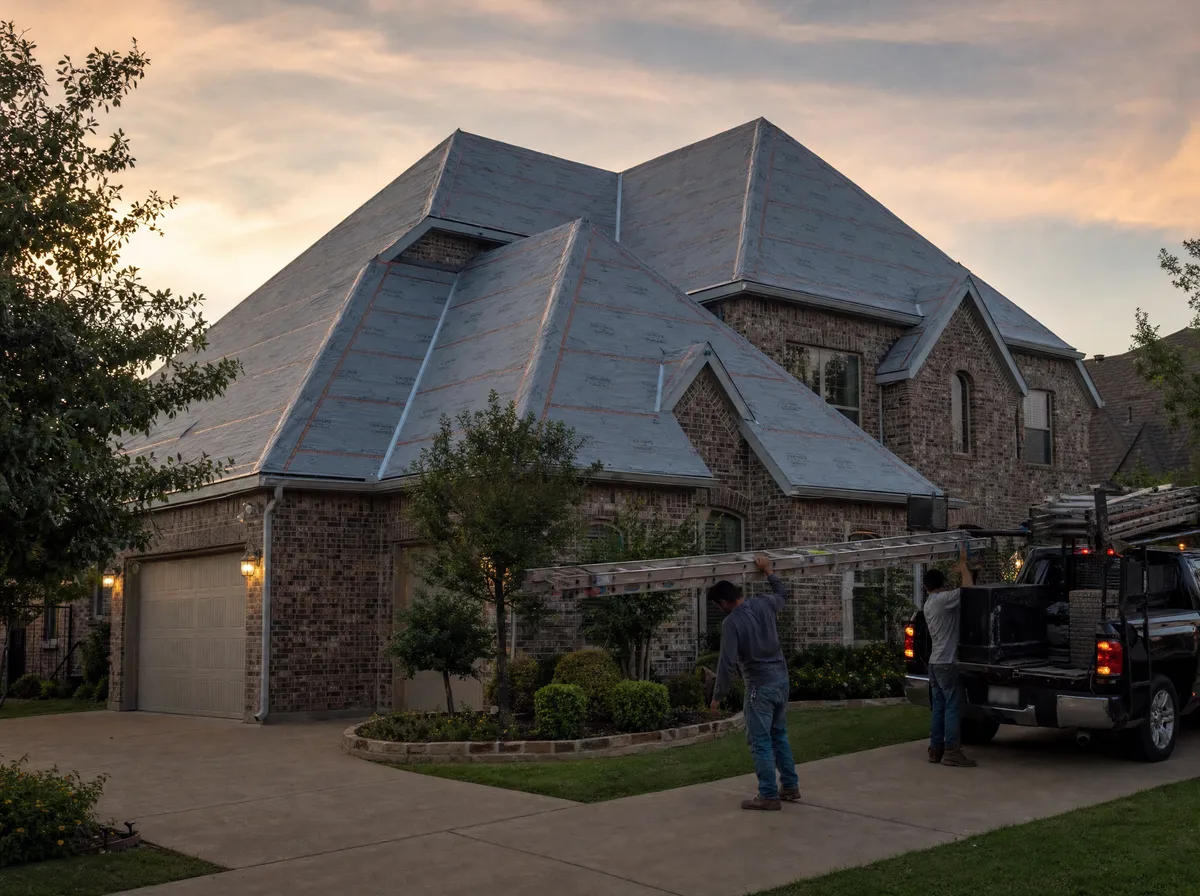 Two-story Frisco, TX home fully dried in with synthetic underlayment at the end of day one