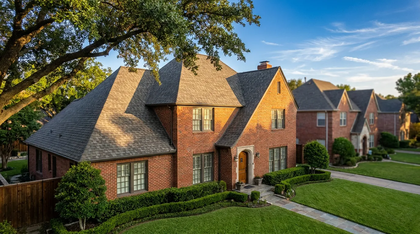 Freshly completed weathered-wood architectural shingle roof on a two-story brick Lakewood Dallas home at golden hour