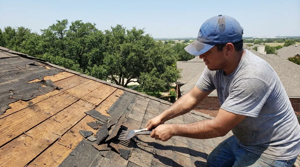 Asphalt shingle roof tear-off and dry-in underway on a two-story North Texas home