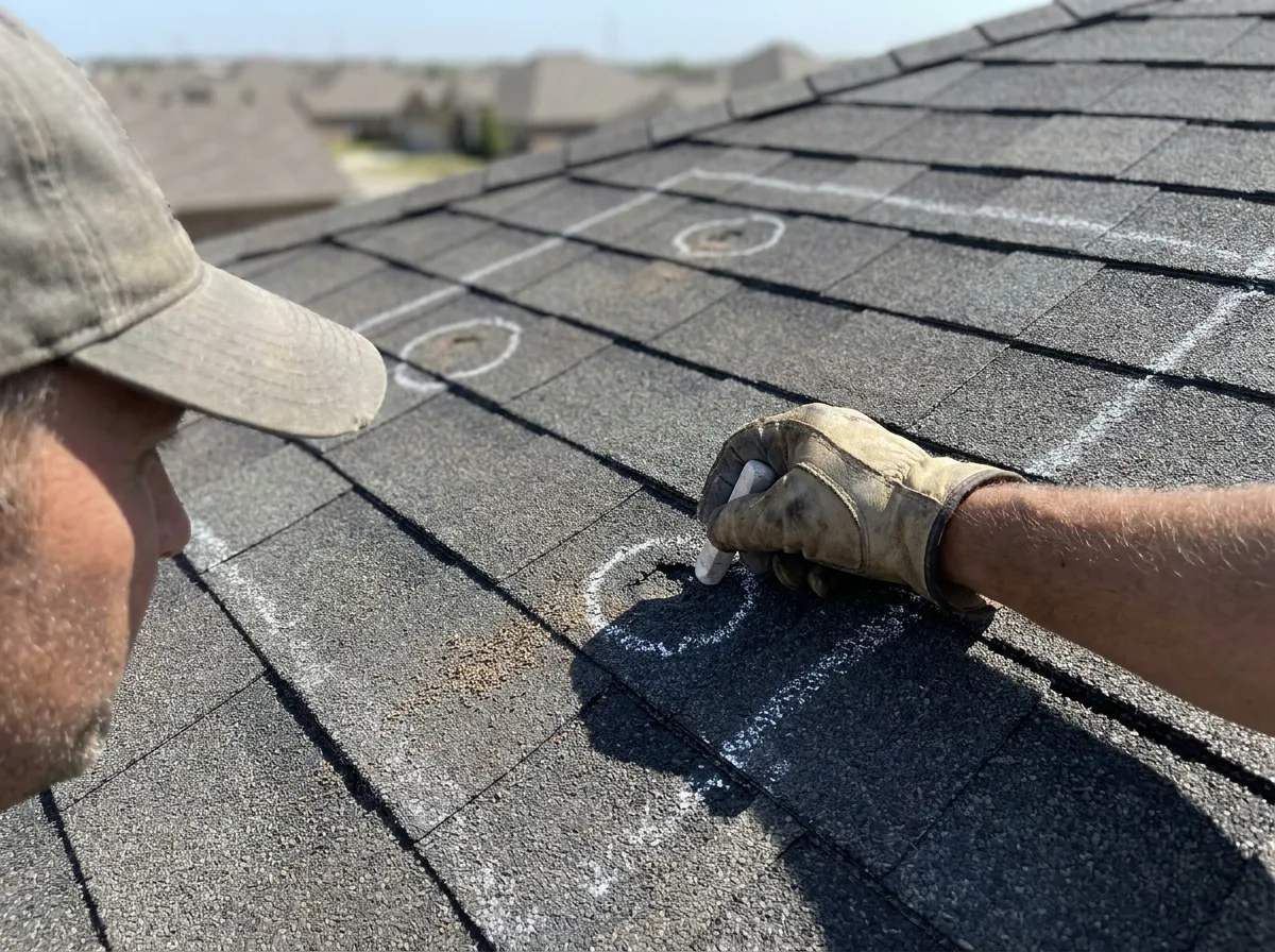 A roof inspector marking hail strikes with chalk inside a test square on an asphalt shingle roof