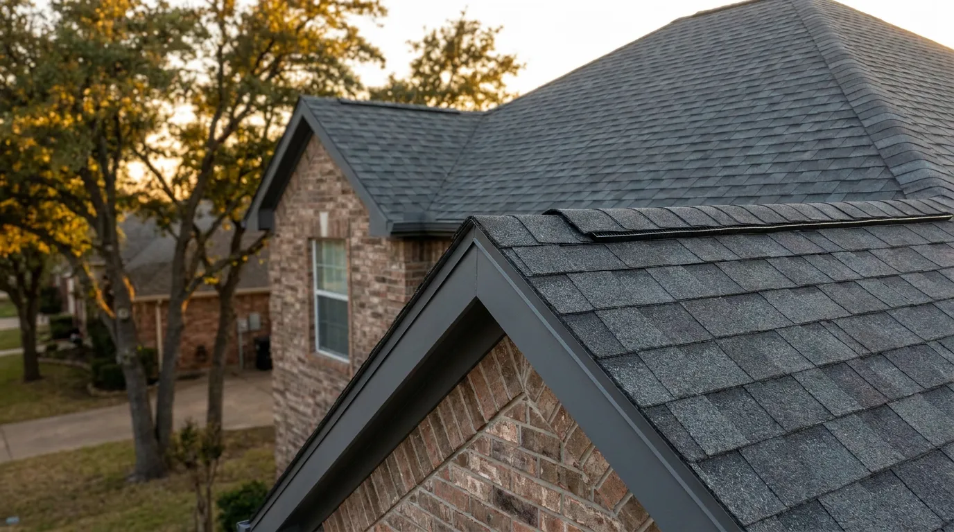 Completed CertainTeed Landmark Pro asphalt shingle roof in pewter gray on a North Texas brick home