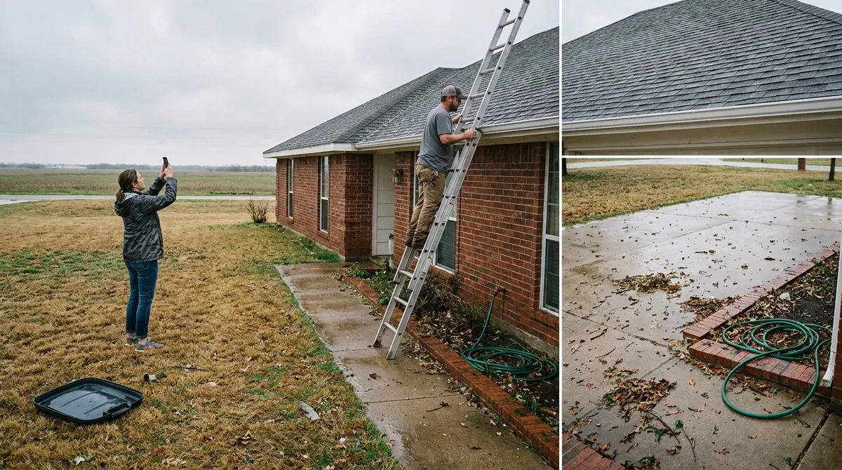 Dallas homeowner photographing hail damage on a brick home roof from the ground as a roofer climbs a ladder to start a Texas insurance claim