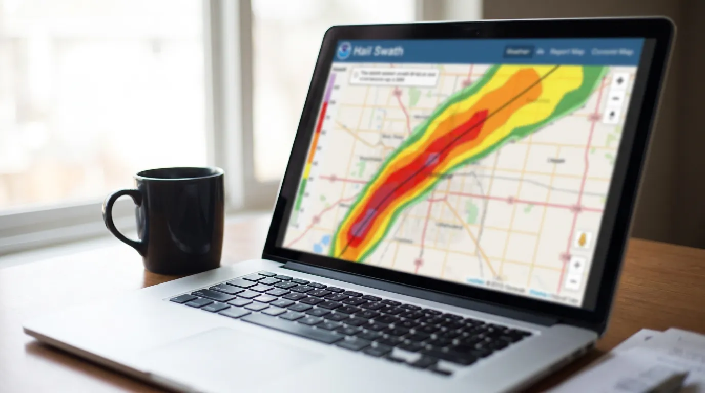 Hail swath map graphic showing a storm path across the north Dallas, Texas area