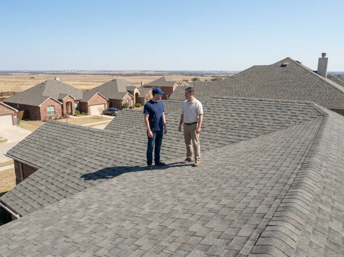 A roofer and an insurance adjuster walking a residential roof together during an inspection