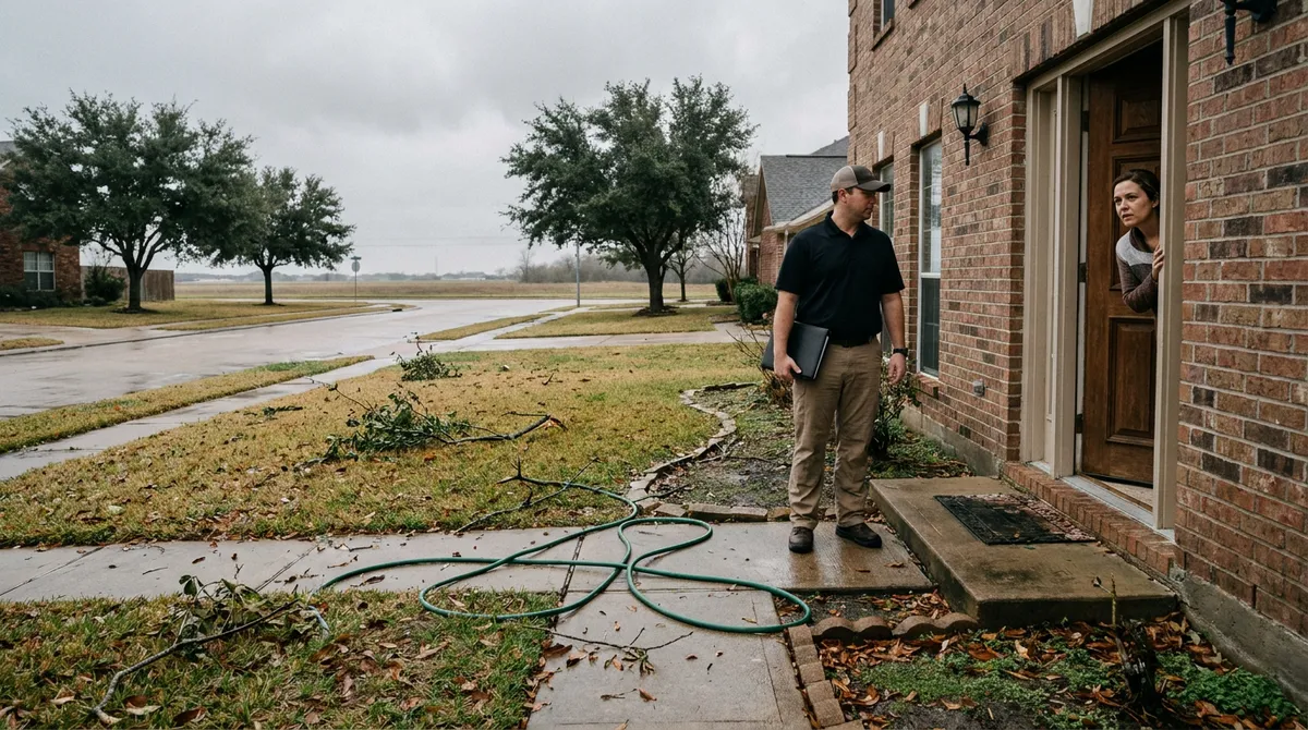 North Dallas homeowner facing a door-to-door storm chaser roofer beside an unmarked out-of-state truck after a Texas hailstorm