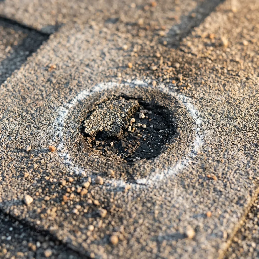 Close-up of a bruised asphalt shingle with granule loss circled in chalk on a North Texas roof
