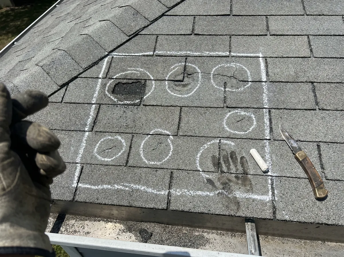 Chalk test square marked on an asphalt shingle roof with multiple hail strikes circled on a North Texas home