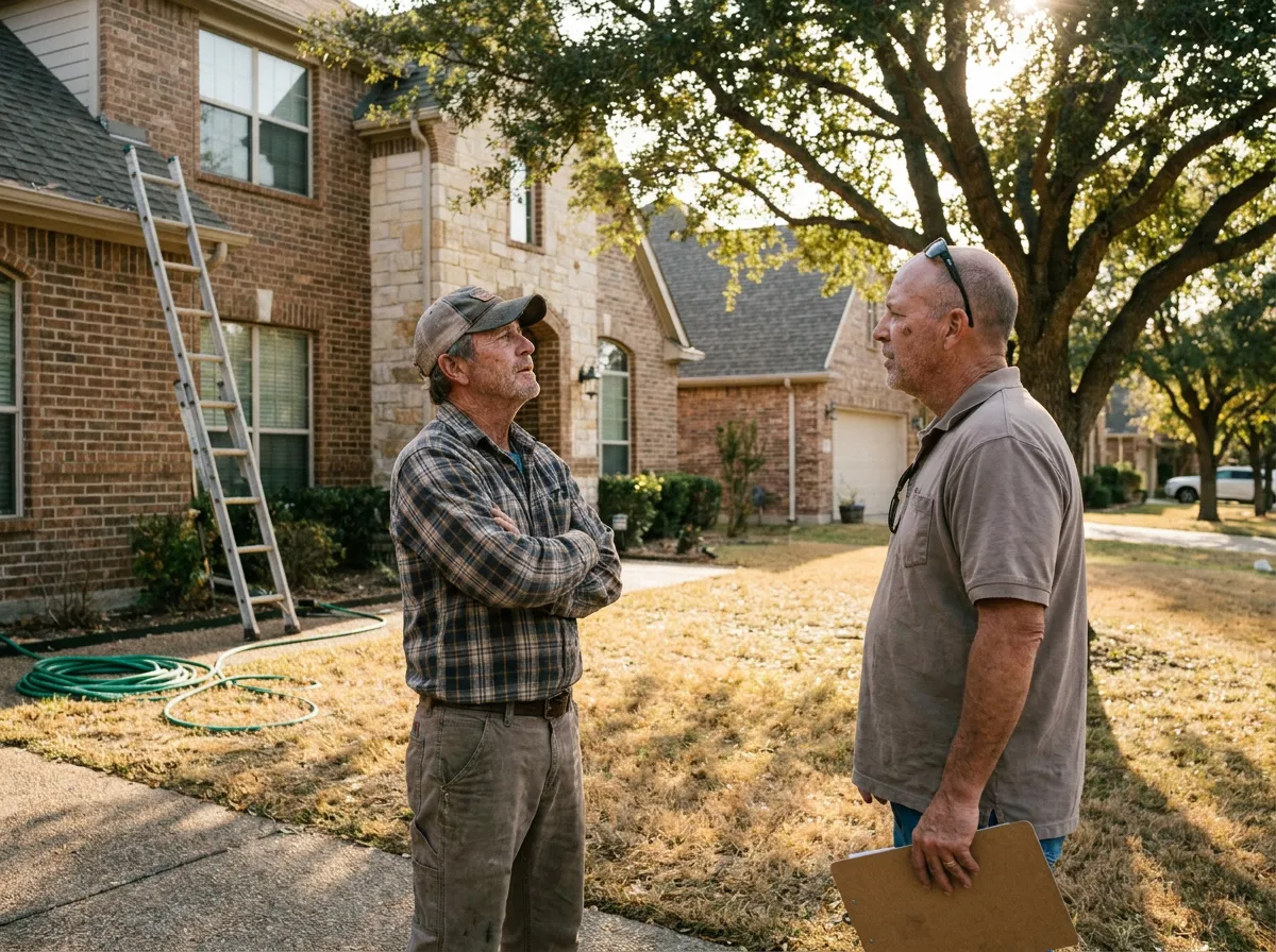 An insurance adjuster and a roofing inspector reviewing hail test squares on an asphalt shingle roof