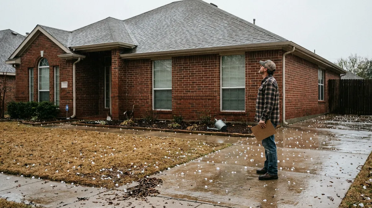 Two-story Dallas brick home with a hail-bruised roof and melting hailstones on the lawn as a homeowner inspects the roofline after a North Texas storm