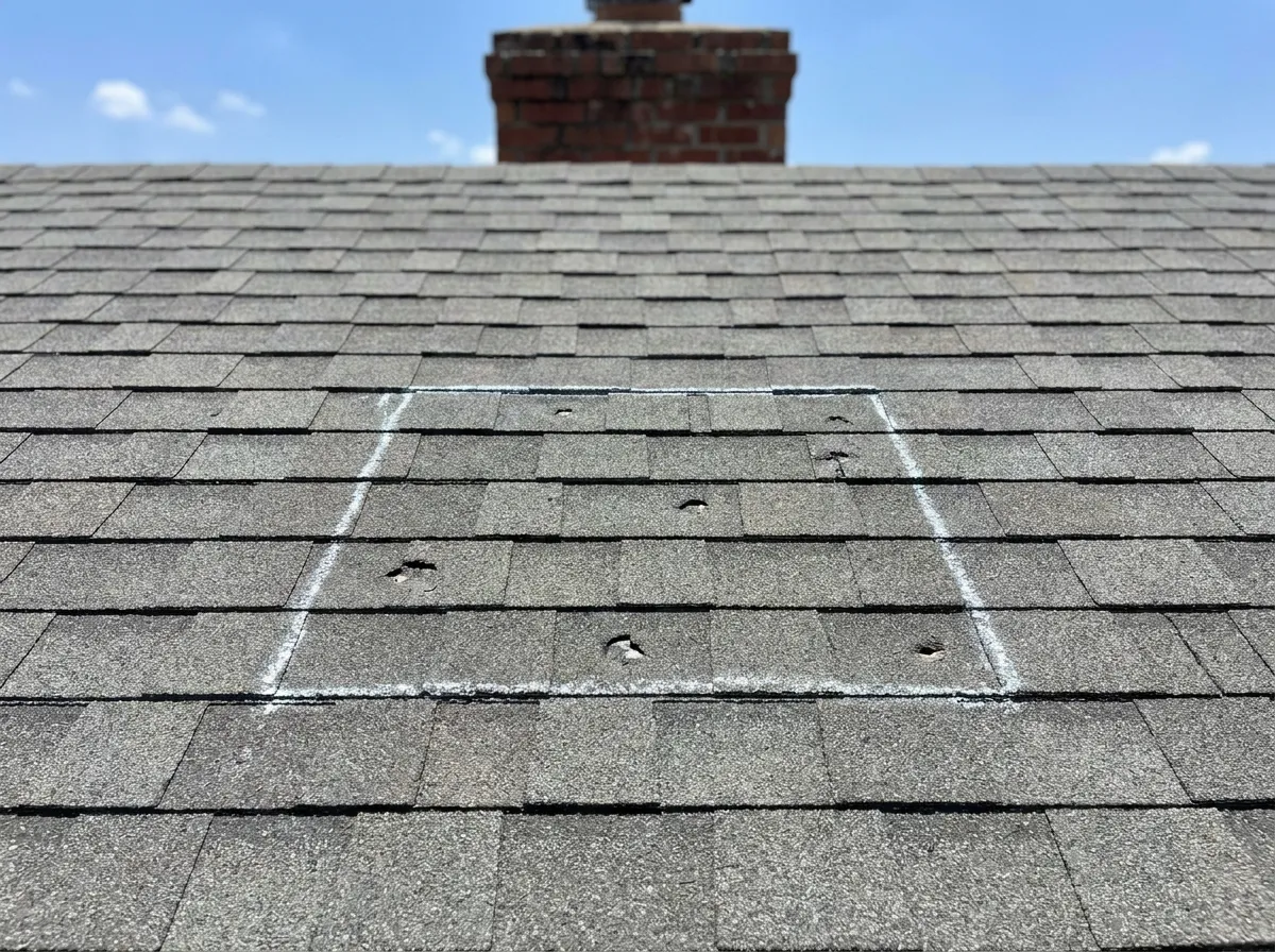 Chalked 10x10 test square on an asphalt shingle roof showing marked hail bruises on a North Texas home