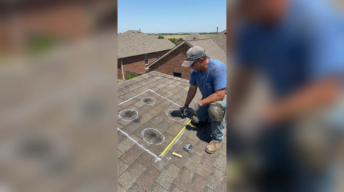 Roofer chalking a 10x10 test square to document hail damage on a Plano home roof after a denied Texas insurance claim