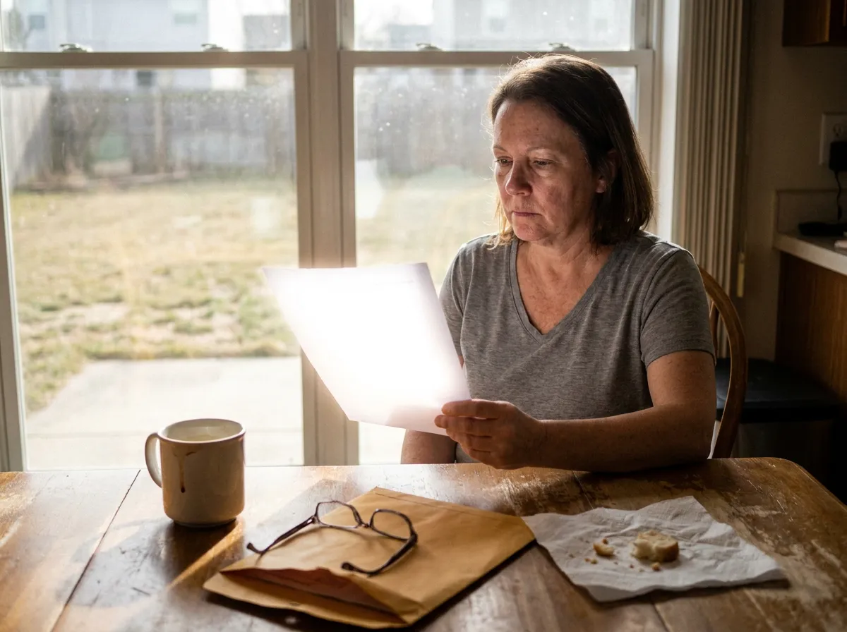 Homeowner reading an insurance denial letter at a kitchen table in a North Texas home