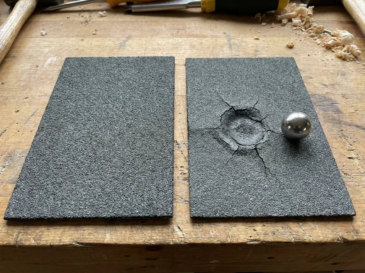 Side by side comparison of a Class 4 impact-rated asphalt shingle and a Class 3 architectural shingle after UL 2218 steel ball impact testing