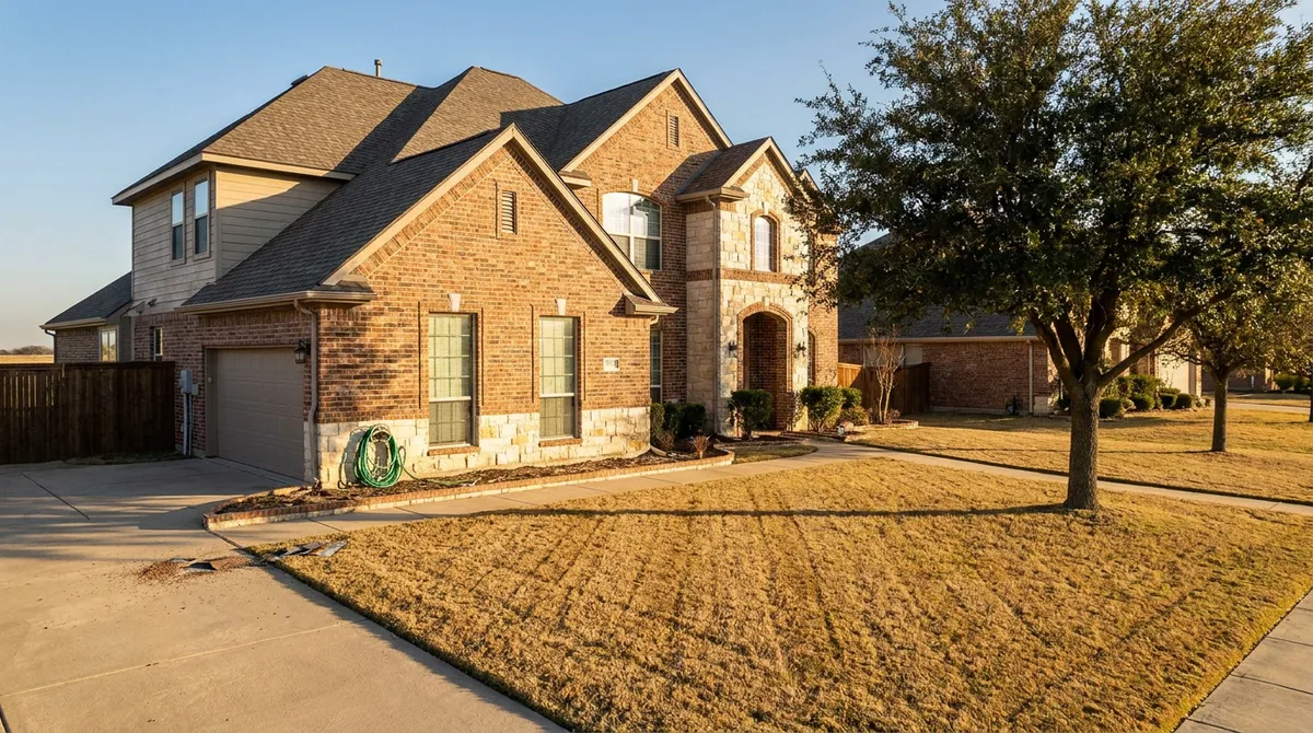 Completed Class 4 impact-rated shingle roof on a two-story brick home in Plano, Texas at golden hour