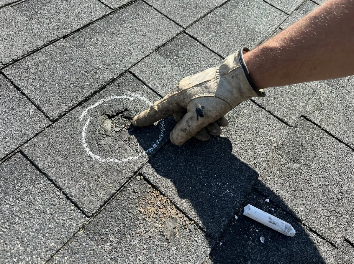 Hail damage inspection on a standard Class 3 architectural shingle roof on a North Texas home after a spring storm