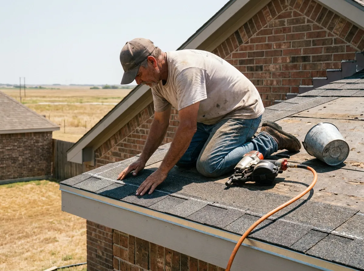 Roofer installing Class 4 SBS modified asphalt shingles on a two-story brick home in a North Texas neighborhood