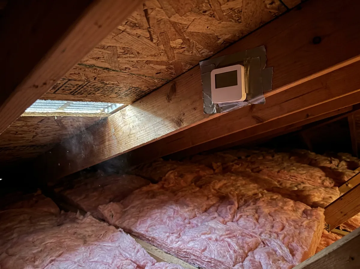 Temperature logger taped to the underside of OSB roof sheathing beneath a standing seam metal roof in a North Texas attic