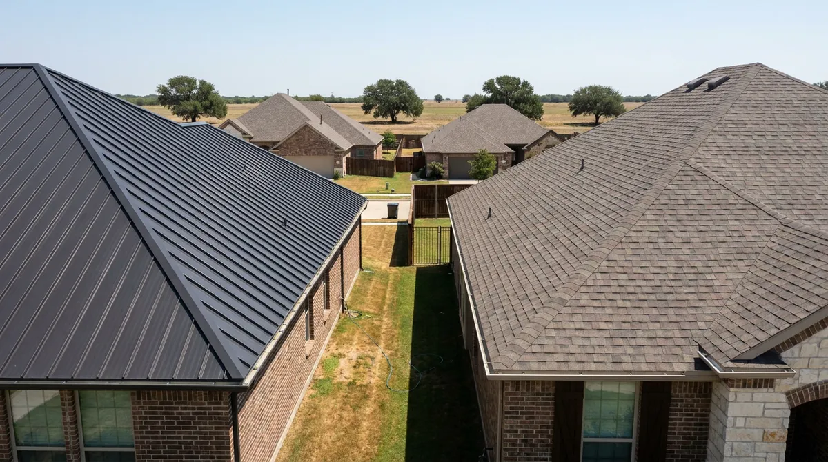 Standing seam metal roof beside an architectural asphalt shingle roof on two Plano homes in Dallas summer heat