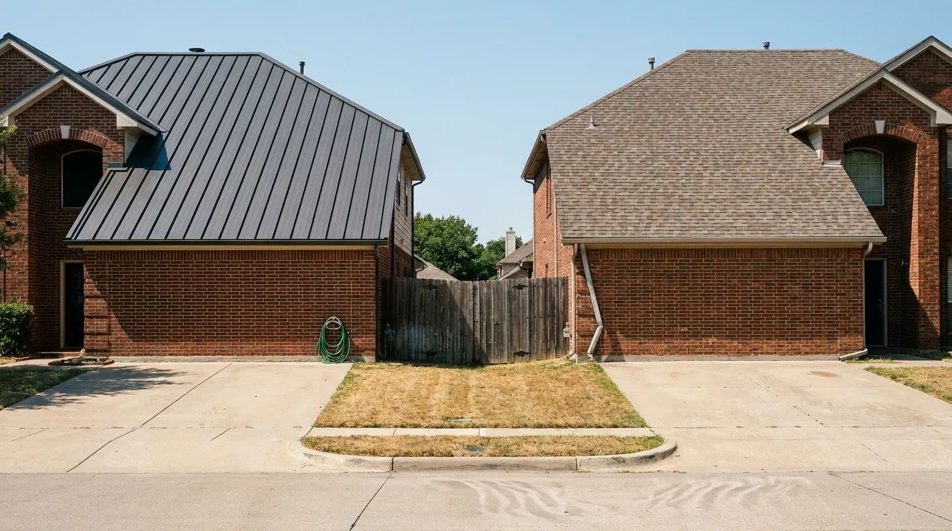 Standing seam metal roof next to an architectural asphalt shingle roof on two North Texas homes