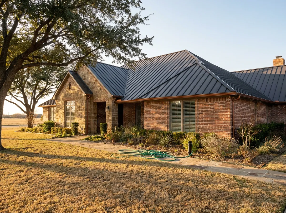 Matte black 24-gauge Galvalume standing seam metal roof with a Kynar finish on an upscale North Texas home
