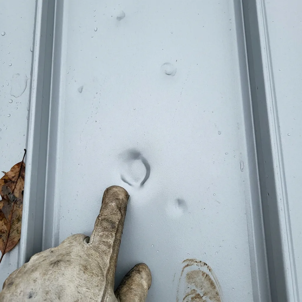 Hail dents across a standing seam Galvalume metal roof panel on a North Texas home