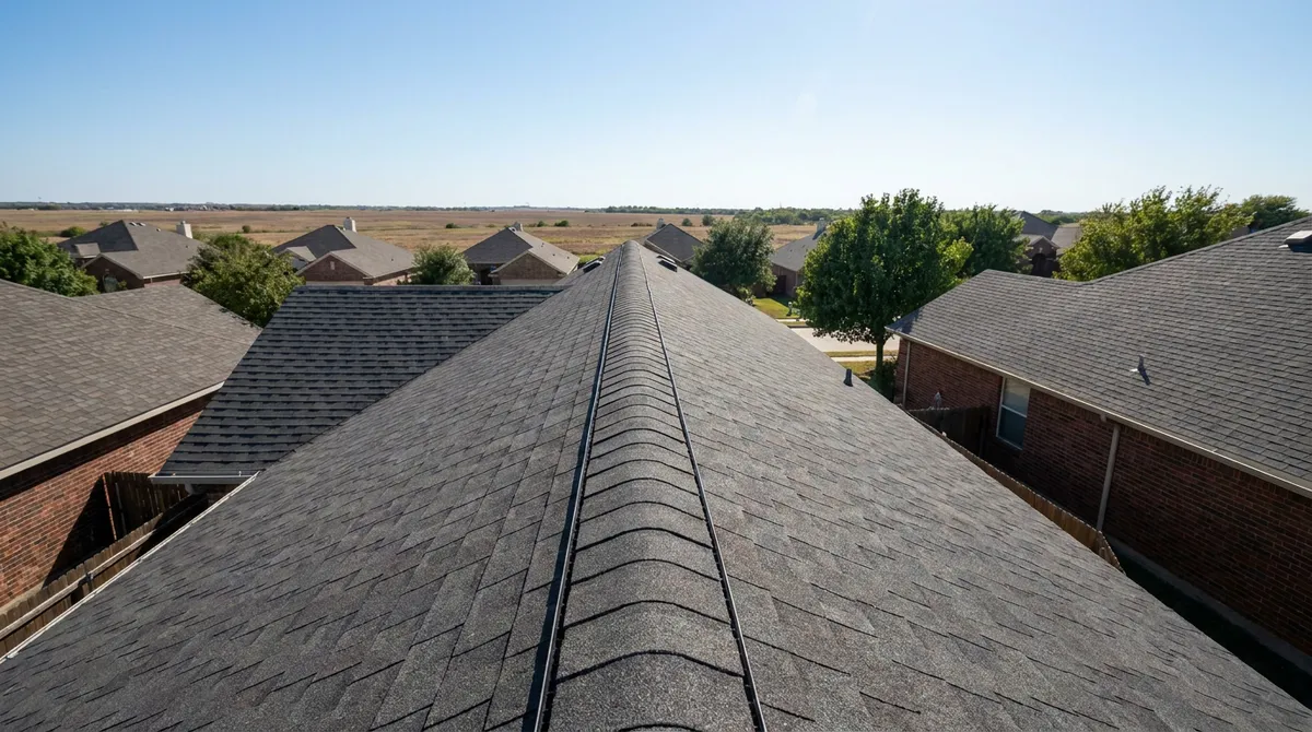 Continuous ridge vent capped with matching shingles along the peak of a finished asphalt roof on a Plano Dallas home at golden hour
