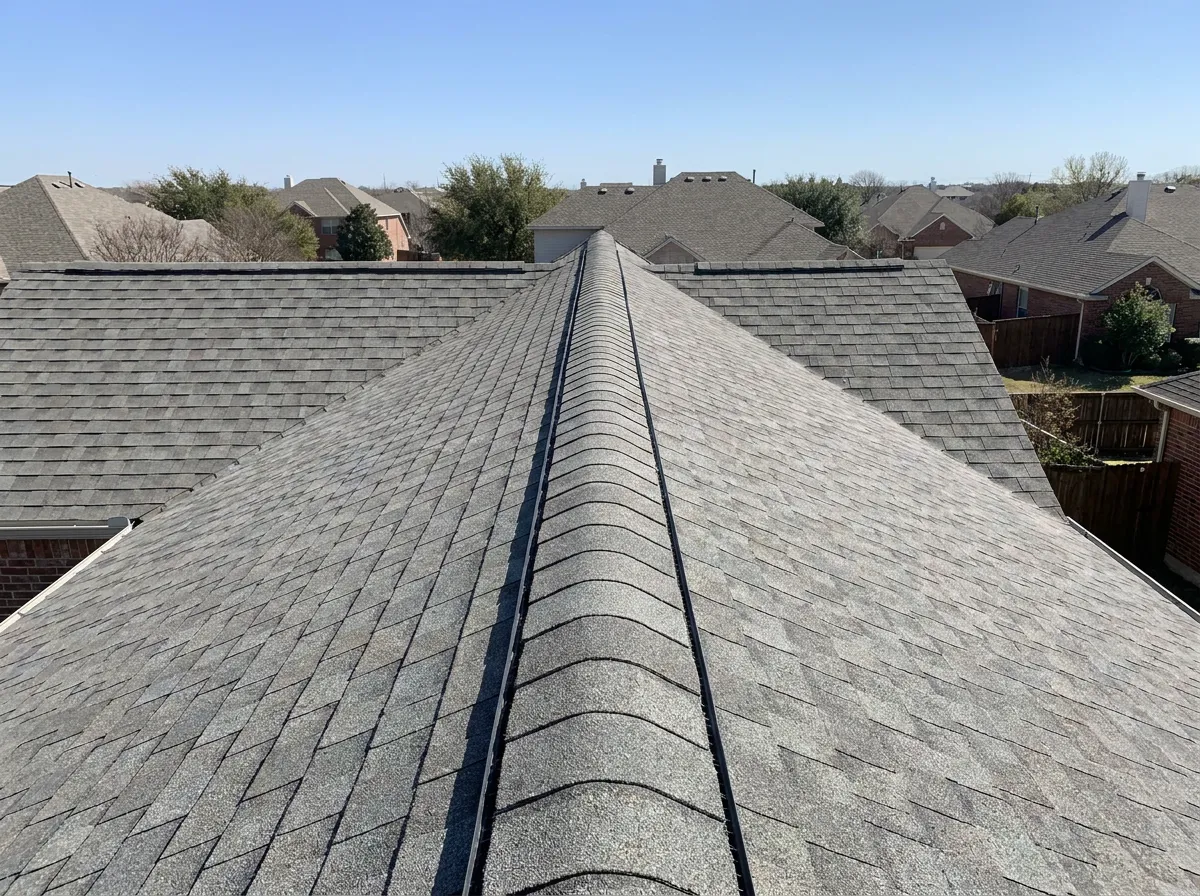 Continuous ridge vent capped with matching CertainTeed Landmark shingles on a North Texas home
