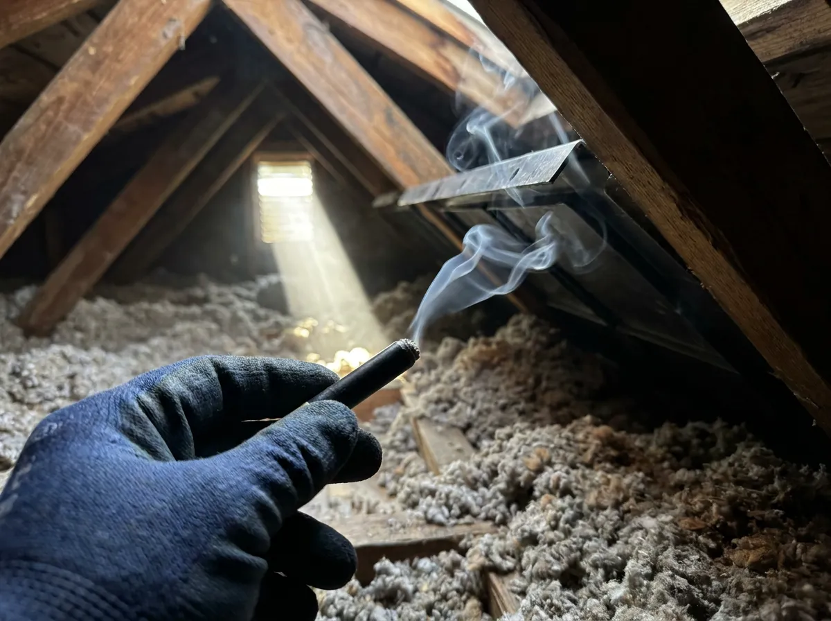 Smoke pencil test confirming soffit intake airflow during an attic inspection